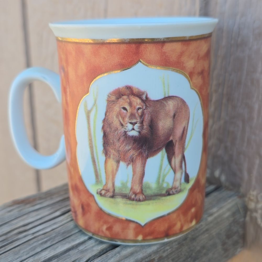 Email de Limoges Style Lion Mug – Hand‑Decorated by I. Godinger  King of the Jun